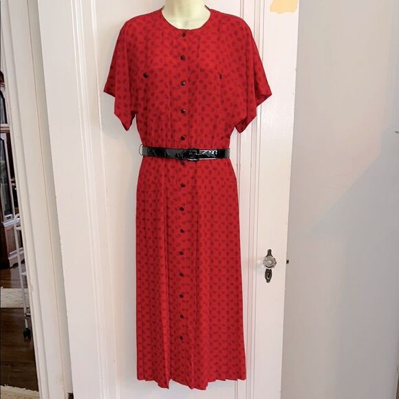 Vtg 80s Liz Claiborne Red & Black Paisley Print Short Sleeve Button Front Dress - Picture 1 of 9